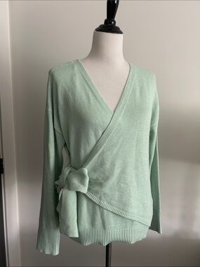 Inc M wool blend long sleeve tie-Front Mint v neck wrap sweater